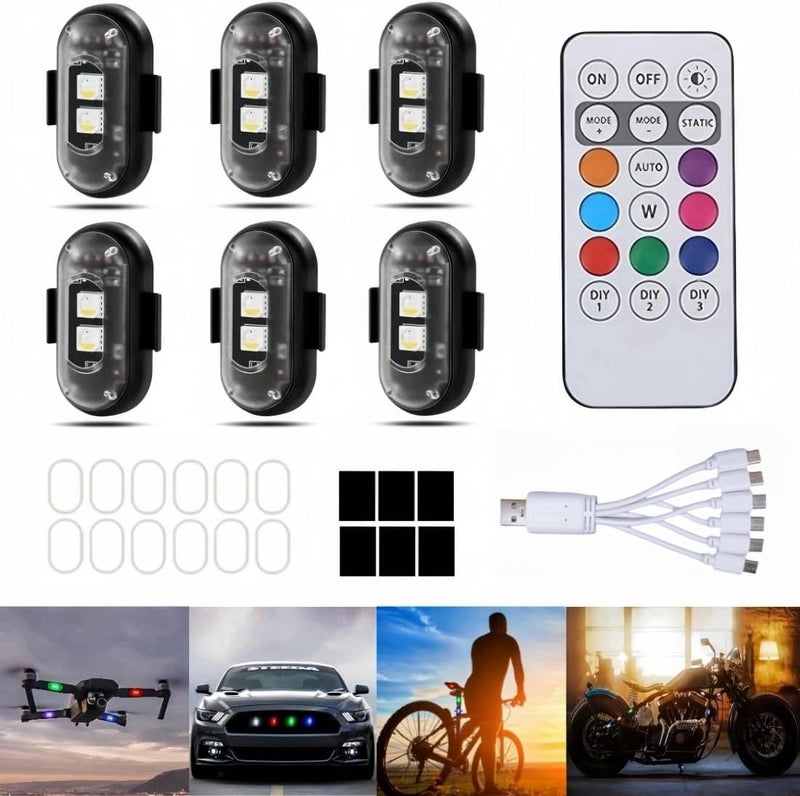 daisyfang 6PCS Wireless LED Strobe Lights with Remote Control, Wireless LED Warning Lights 8 Colors USB Charge IP65 Waterproof Anti-Collision, for Car Interior Motorcycle Bike Drone Car Truck RC Aircraft - Image 1